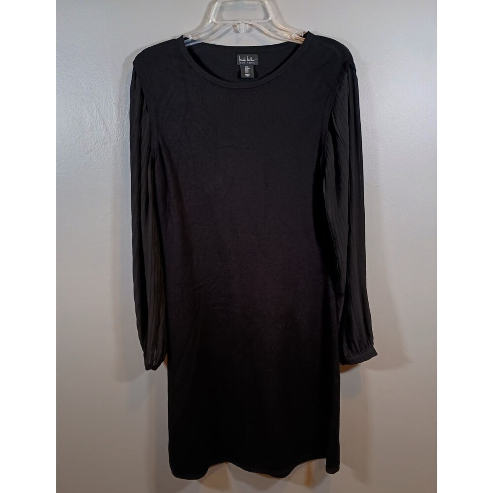 Nicole Miller Sheer Pleated Long Sleeve Black Sweater Shift Dress Size Medium